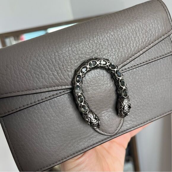 GUCCI Grey Leather Flap Dionysus Mini Chain SoHo Disco Dollar Crossbody + Box - Picture 3 of 14